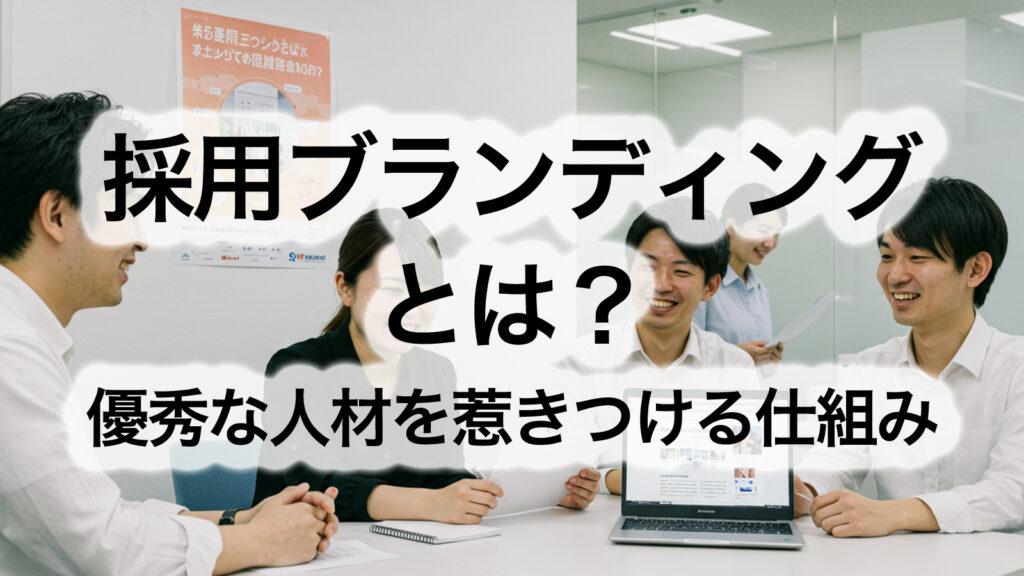 採用ブランディングを象徴する、企業の魅力を発信する明るいオフィス風景。若手と中堅社員が会話し、企業理念ポスターや採用サイトを表示したPCが映る。